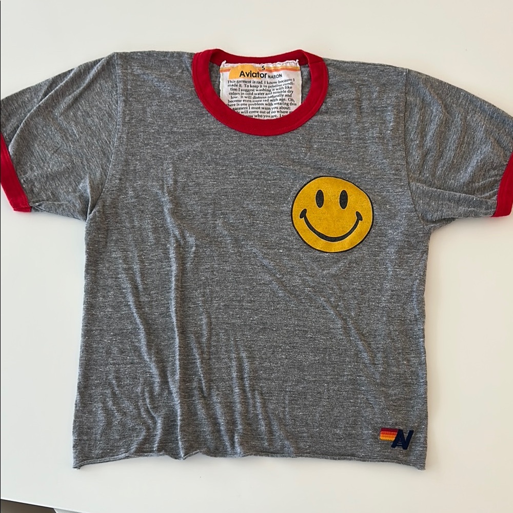 Aviator Nation Red Short Sleeve Tee with Smiley Face Design
